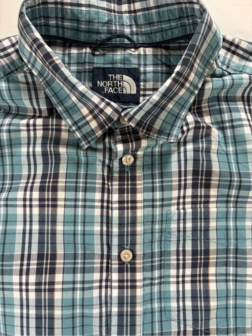 The North Face Mens Short Sleeve Plaid Button Down Shirt Large Blue White